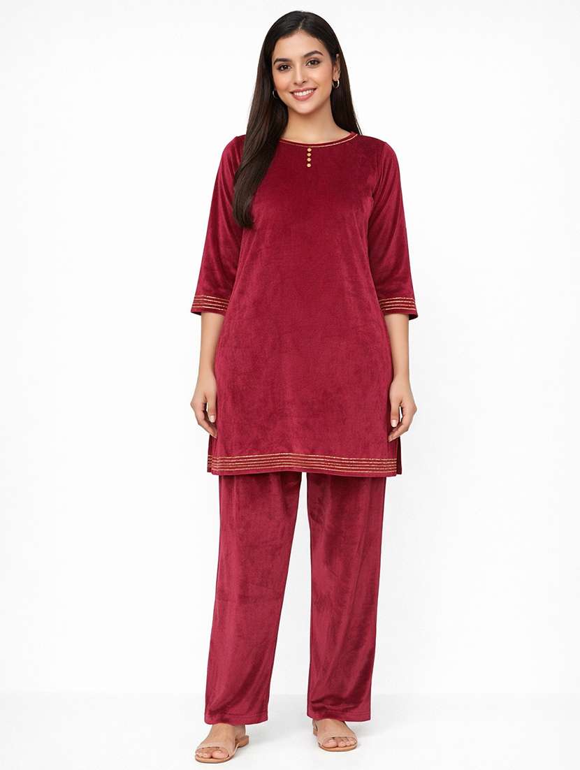women solid three quarter sleeve velet co-ord set - 22292995 -  Standard Image - 1