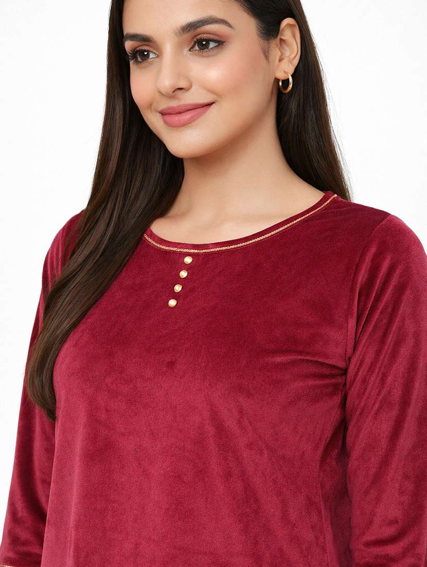 women solid three quarter sleeve velet co-ord set - 22292995 -  Standard Image - 4