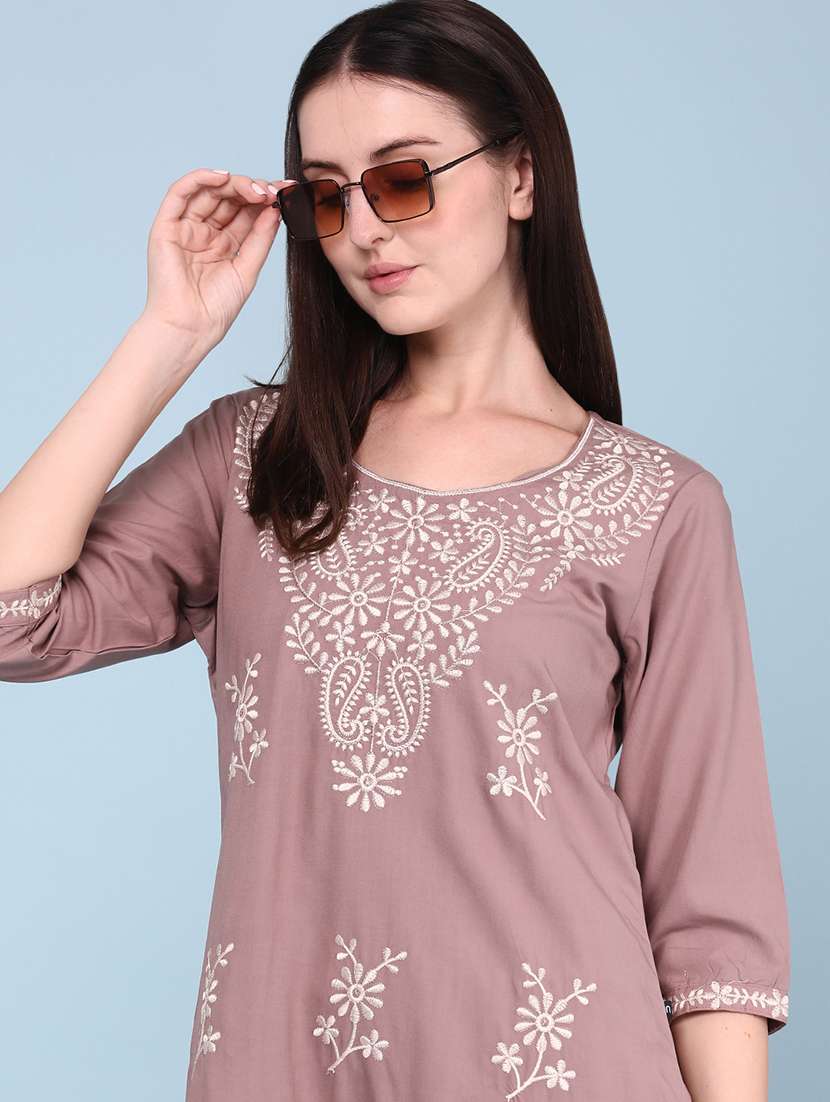 women embroidered three quarter sleeves straight kurta - 22293364 -  Standard Image - 1