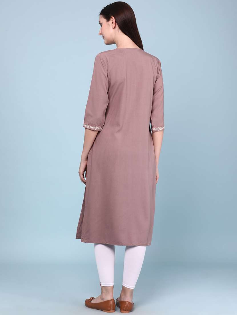 women embroidered three quarter sleeves straight kurta - 22293364 -  Standard Image - 4