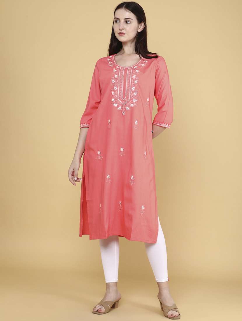 women solid with work straight kurta - 22293366 -  Standard Image - 4
