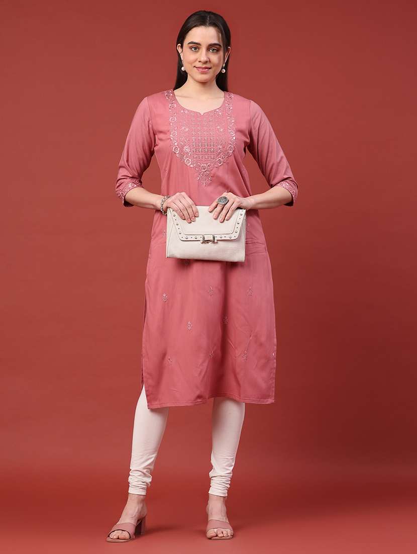 women embroidered three quarter sleeves straight kurta