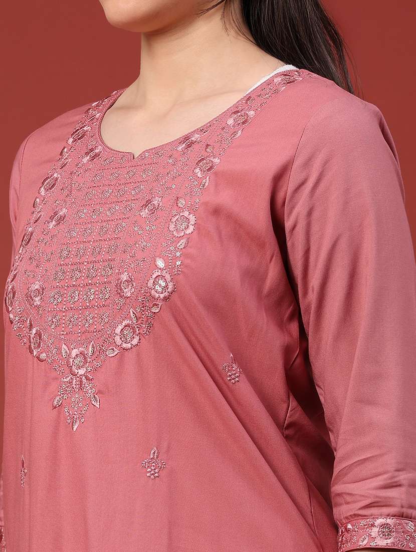 women embroidered three quarter sleeves straight kurta - 22293368 -  Standard Image - 1