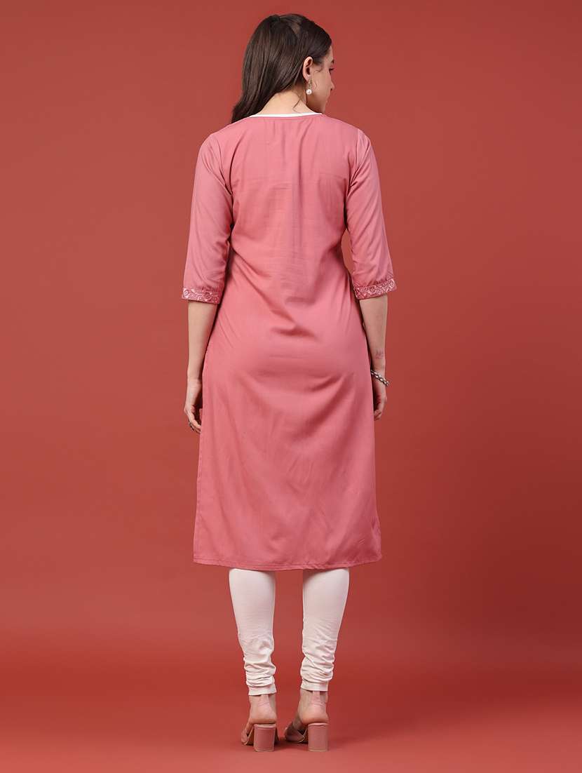 women embroidered three quarter sleeves straight kurta - 22293368 -  Standard Image - 4