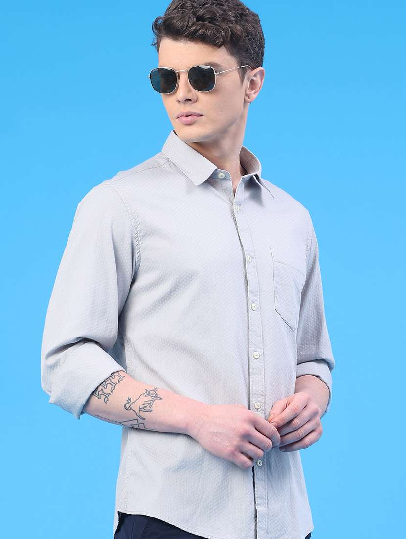 men self design long sleeve slim fit casual shirt