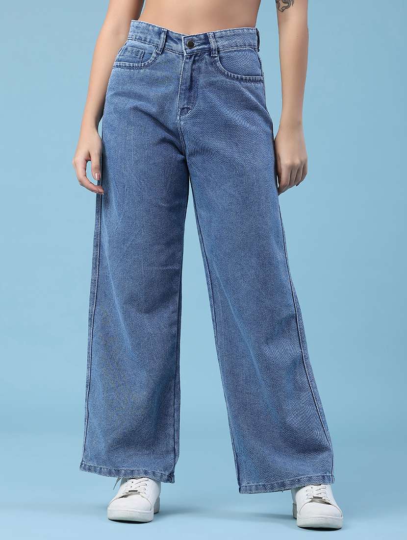 women solid high rise wide leg jeans