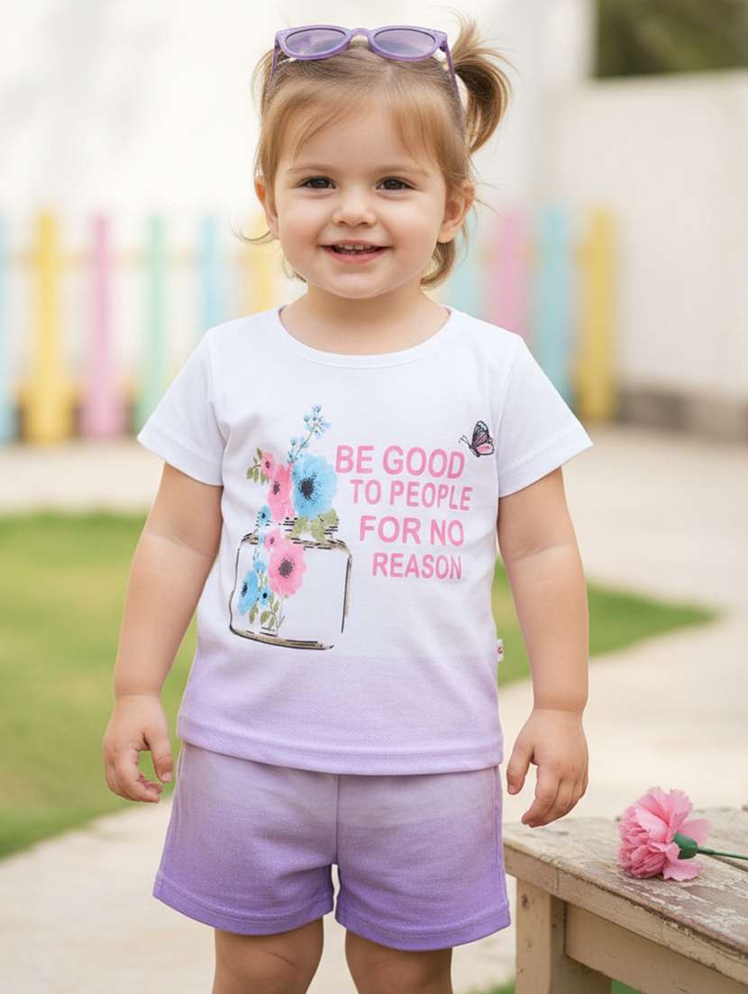 girls printed round neck top and shorts set
