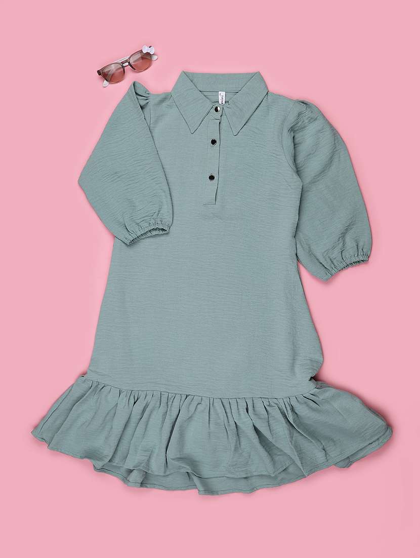 Girls Solid Three Quarter Sleeves Tiered Dress - 22294058 -  Standard Image - 1
