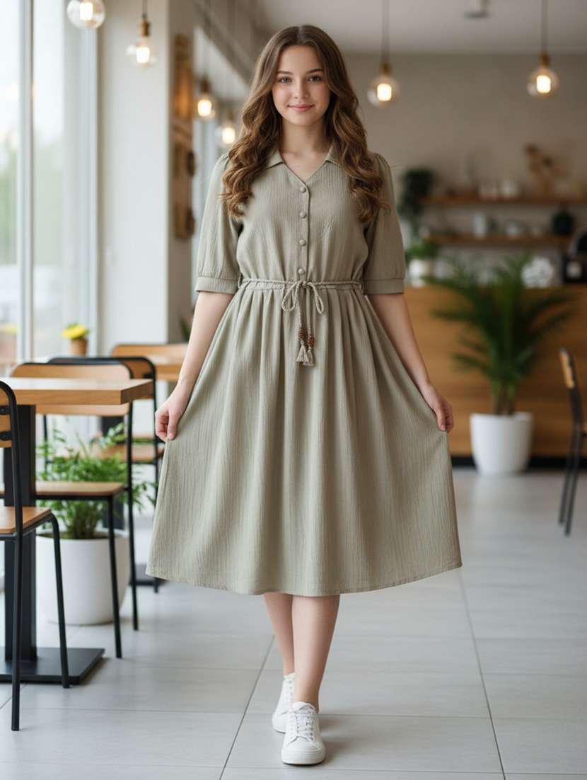 girls solid three quarter sleeve fit & flare dress - 22294069 -  Standard Image - 1