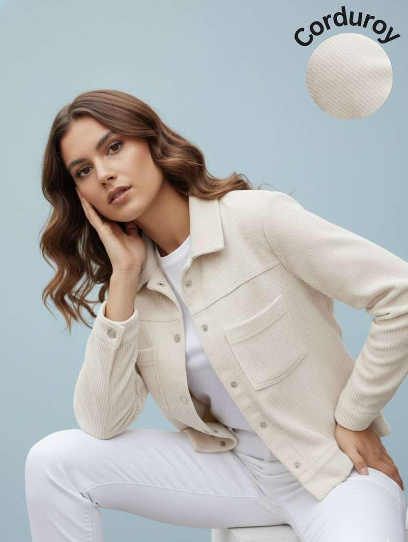women solid collared long sleeve corduroy jacket