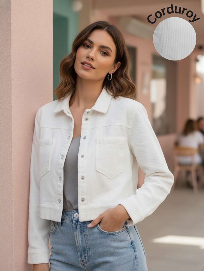 women solid collared long sleeve corduroy jacket