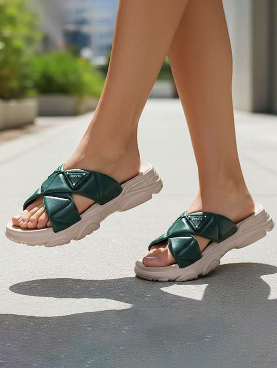 women solid slip on slides