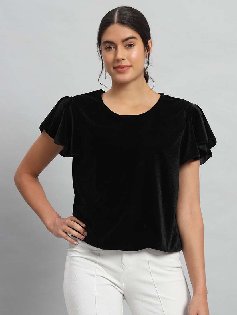 women solid flute sleeve velvet regular top
