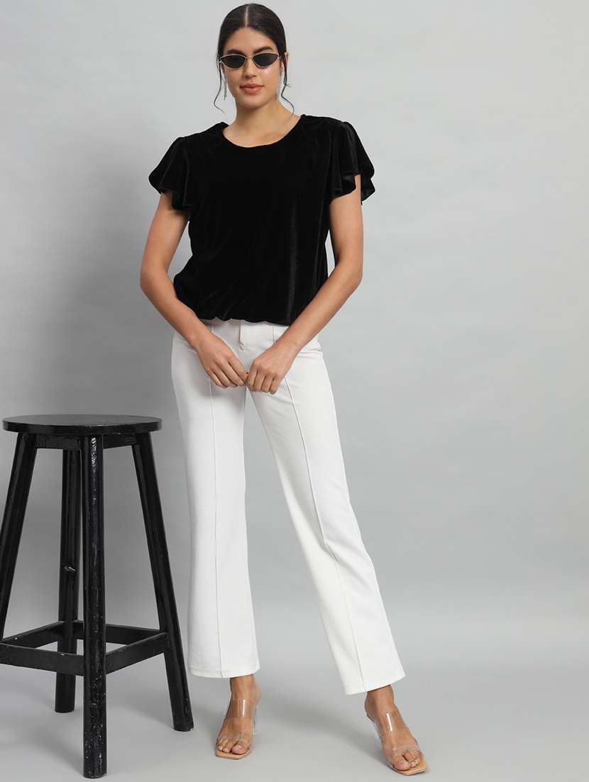women solid flute sleeve velvet regular top - 22294968 -  Standard Image - 4