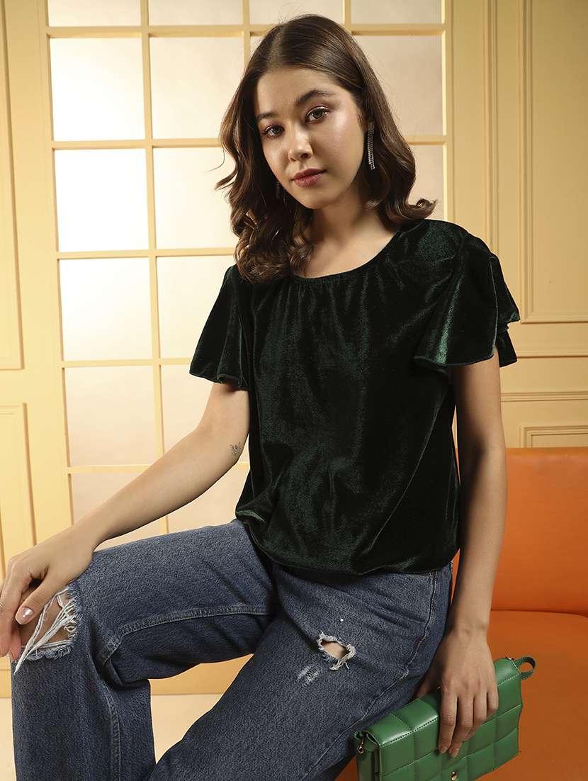 women solid flute sleeve velvet regular top - 22294969 -  Standard Image - 1