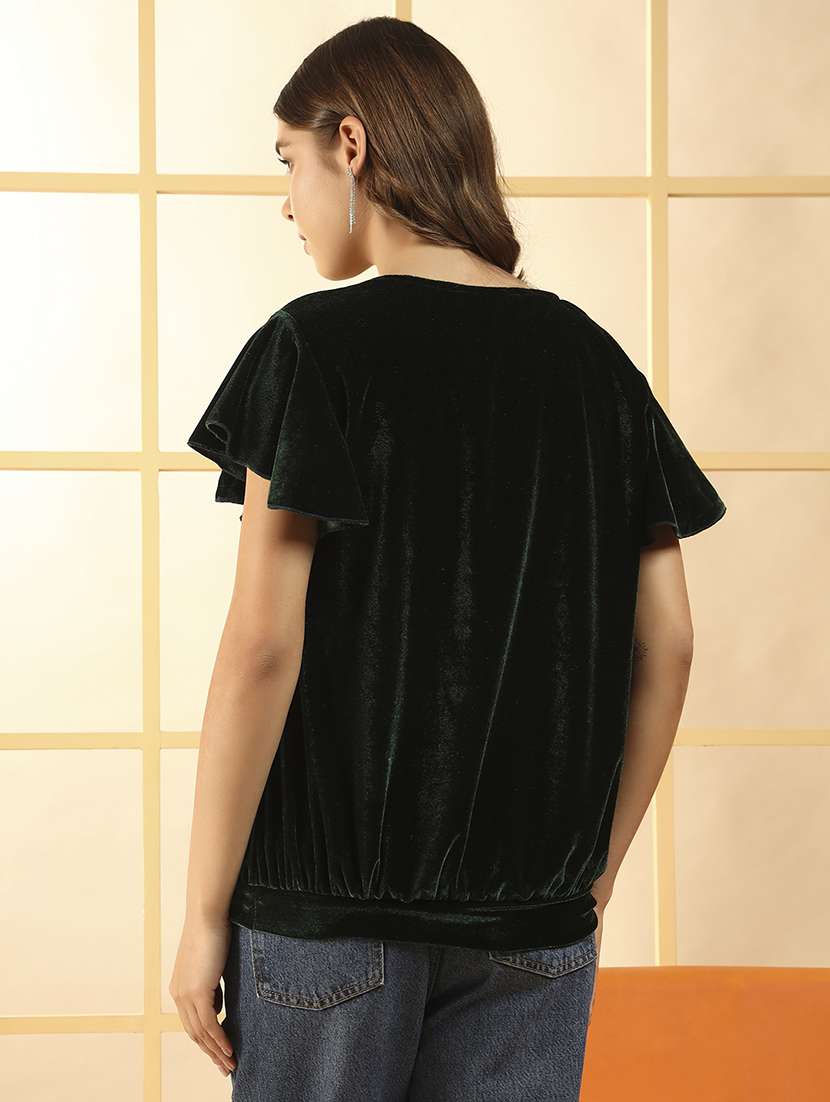 women solid flute sleeve velvet regular top - 22294969 -  Standard Image - 4