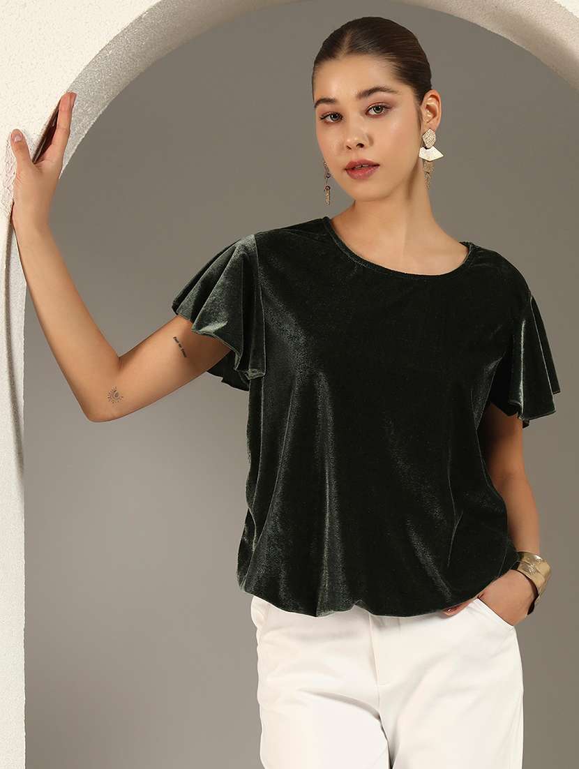 Women Solid Flute Sleeve Velvet Regular Top - 22294970 -  Standard Image - 1