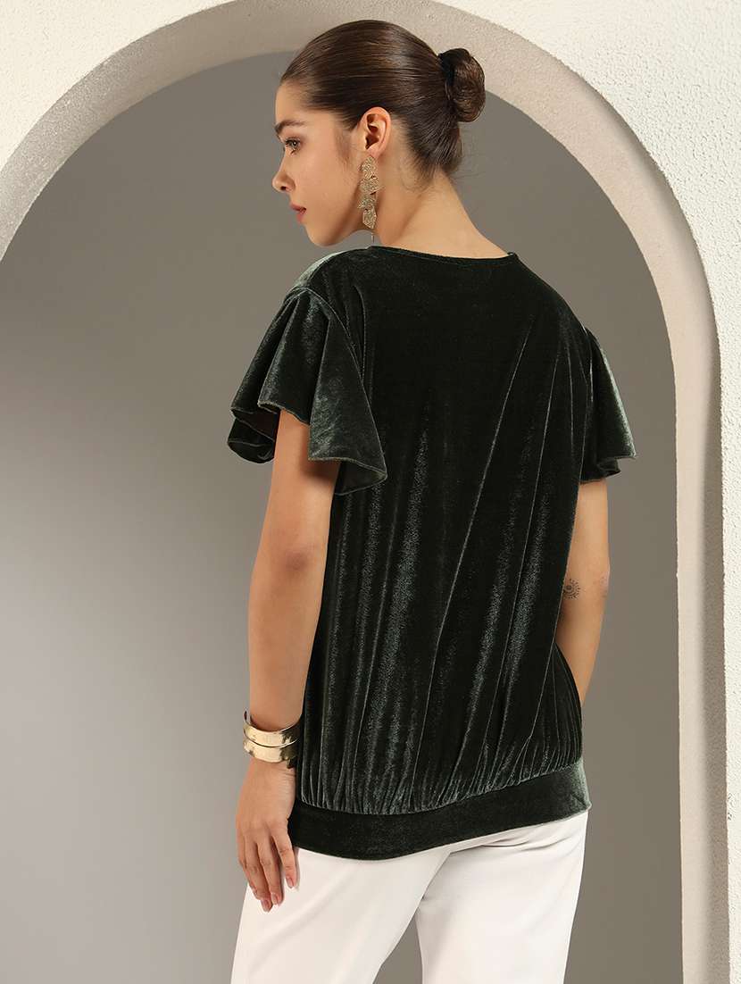 Women Solid Flute Sleeve Velvet Regular Top - 22294970 -  Standard Image - 4