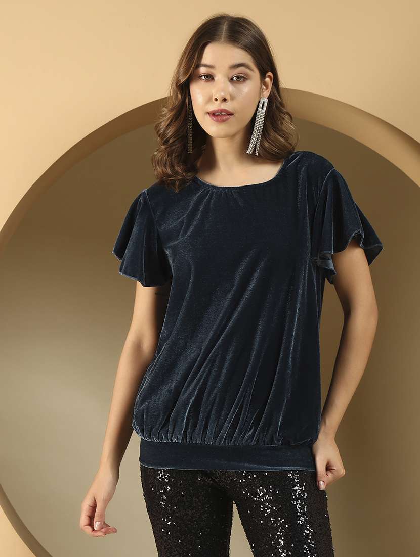 women solid flute sleeve velvet regular top