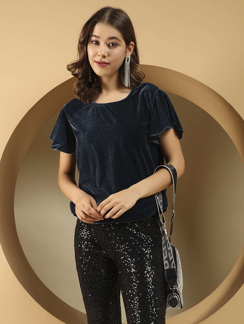 women solid flute sleeve velvet regular top - 22294972 -  Standard Image - 1