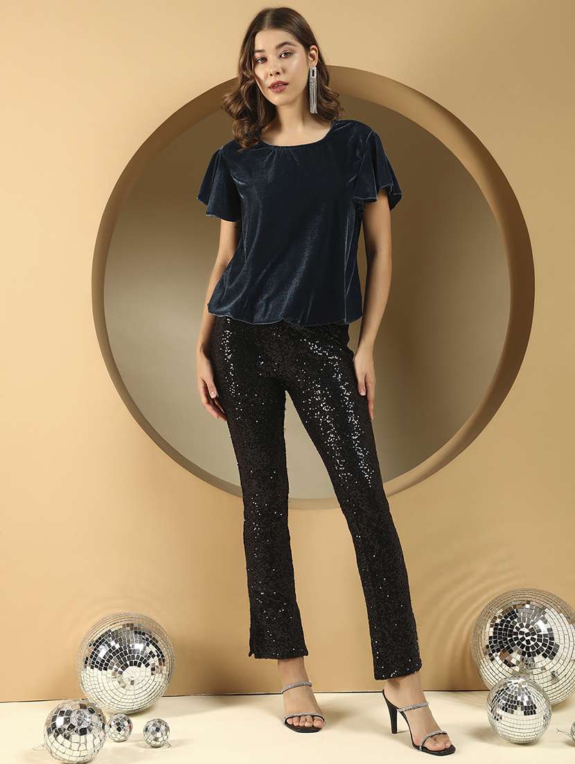 women solid flute sleeve velvet regular top - 22294972 -  Standard Image - 6