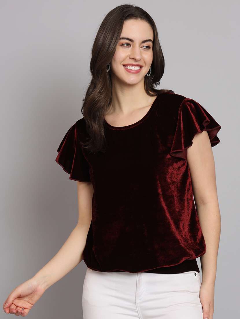 women solid flute sleeve velvet regular top
