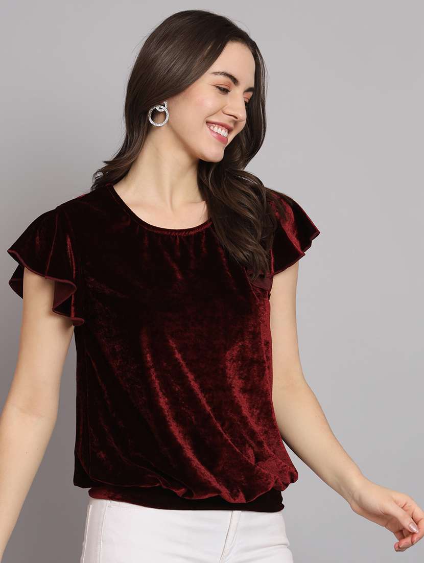 women solid flute sleeve velvet regular top - 22294973 -  Standard Image - 1