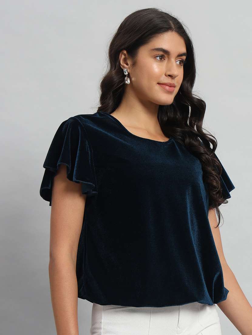 women solid flute sleeve velvet regular top - 22294975 -  Standard Image - 1