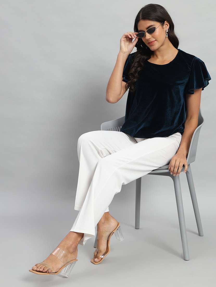 women solid flute sleeve velvet regular top - 22294975 -  Standard Image - 4