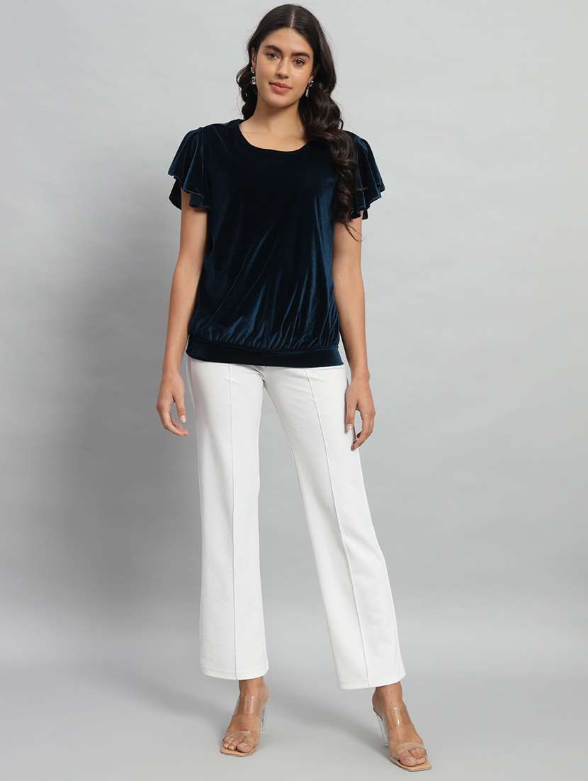 women solid flute sleeve velvet regular top - 22294975 -  Standard Image - 6