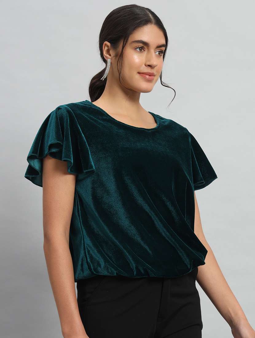 women solid flute sleeve velvet regular top - 22294976 -  Standard Image - 1