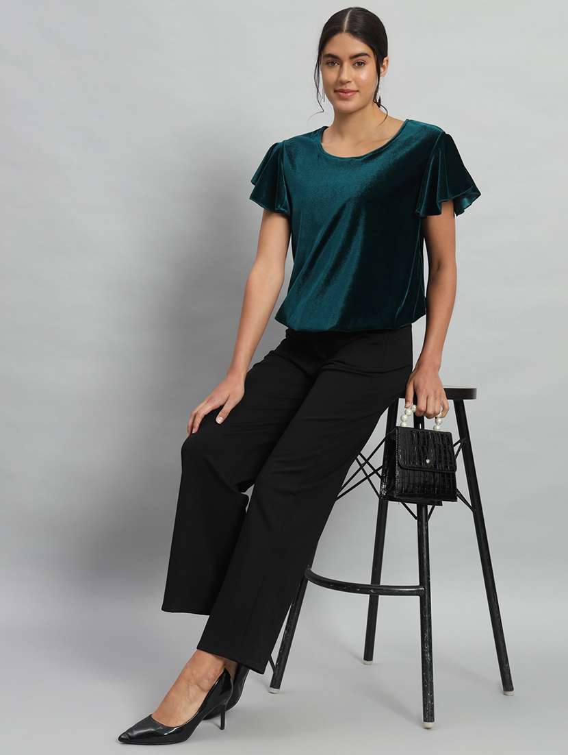 women solid flute sleeve velvet regular top - 22294976 -  Standard Image - 4