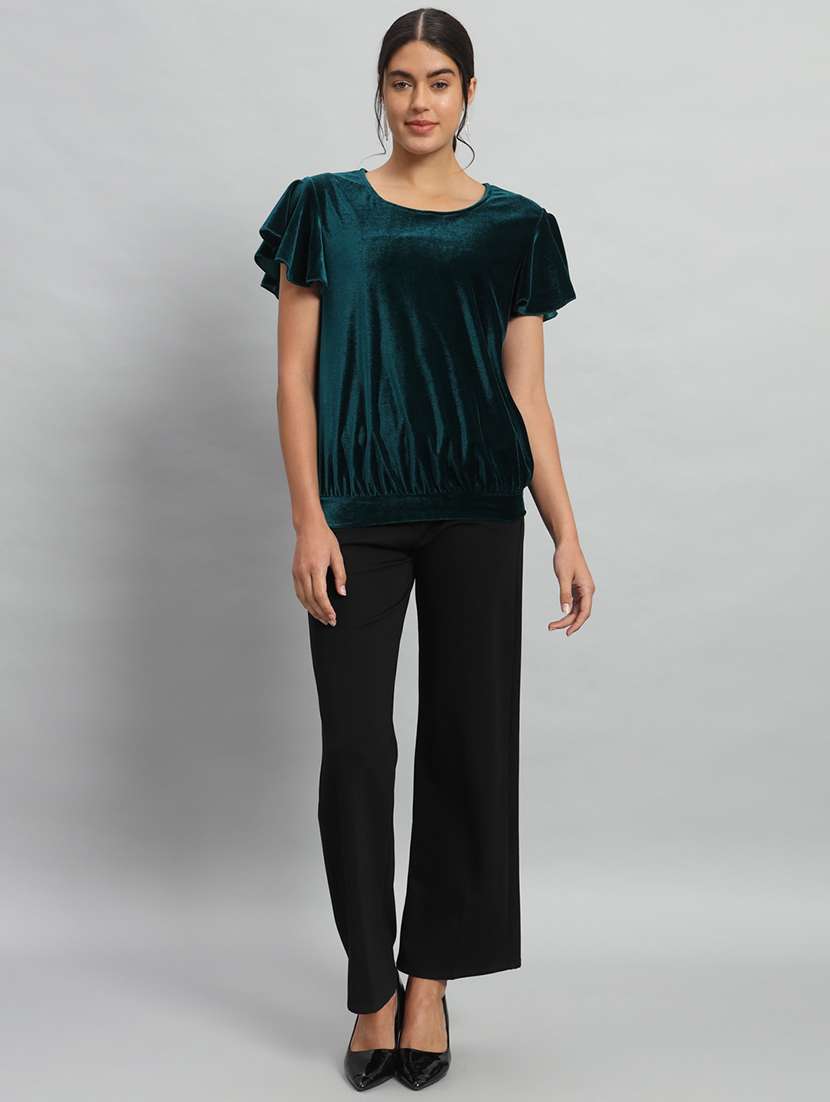 women solid flute sleeve velvet regular top - 22294976 -  Standard Image - 6