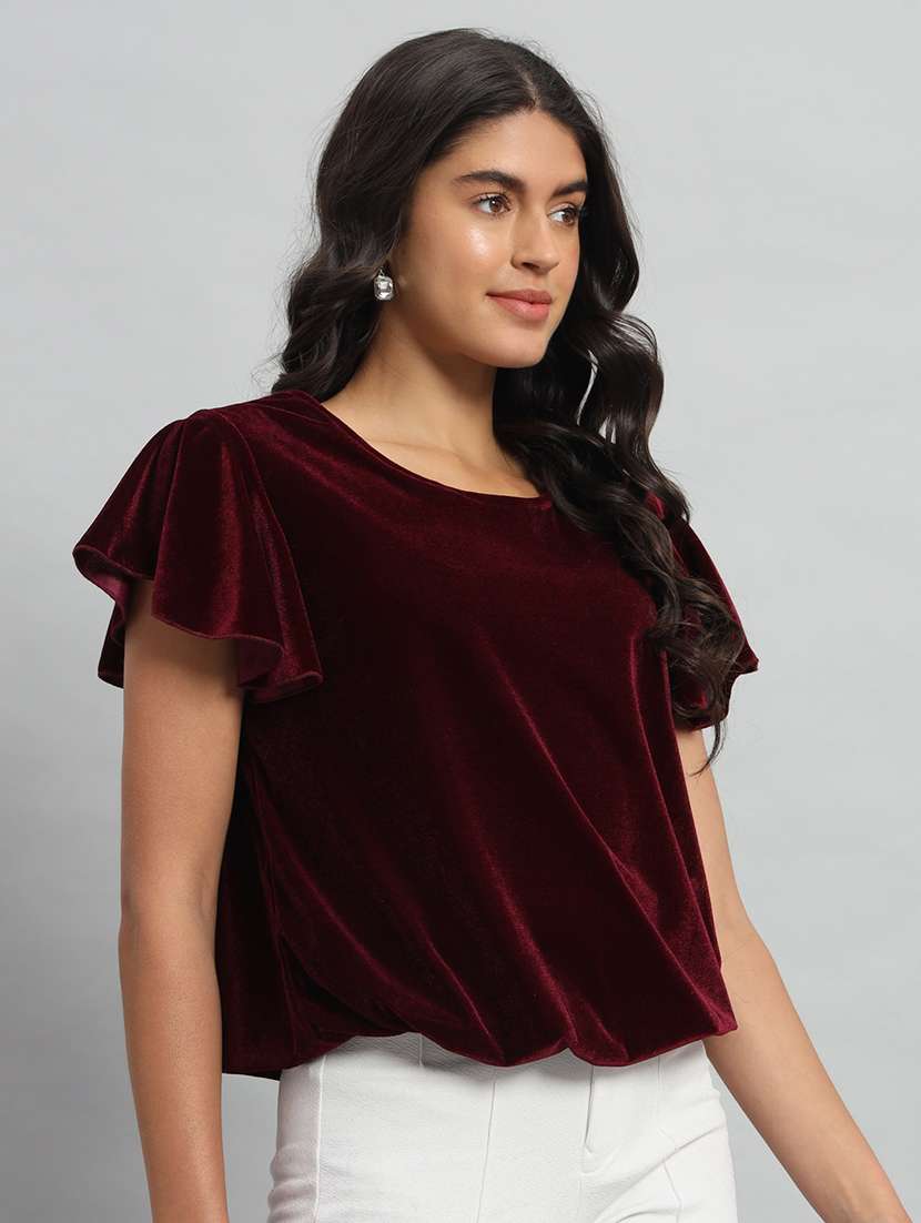 women solid flute sleeve velvet regular top - 22294977 -  Standard Image - 1