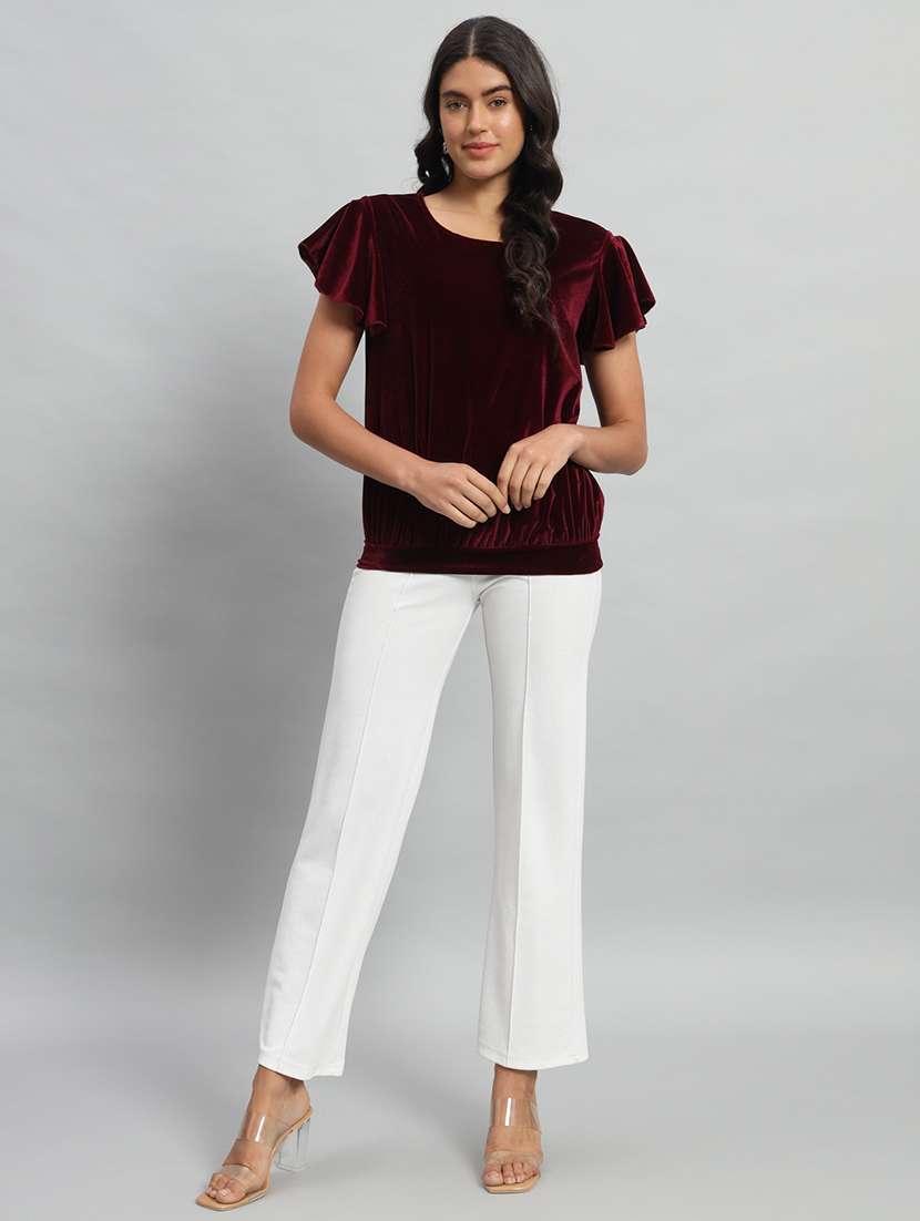 women solid flute sleeve velvet regular top - 22294977 -  Standard Image - 4