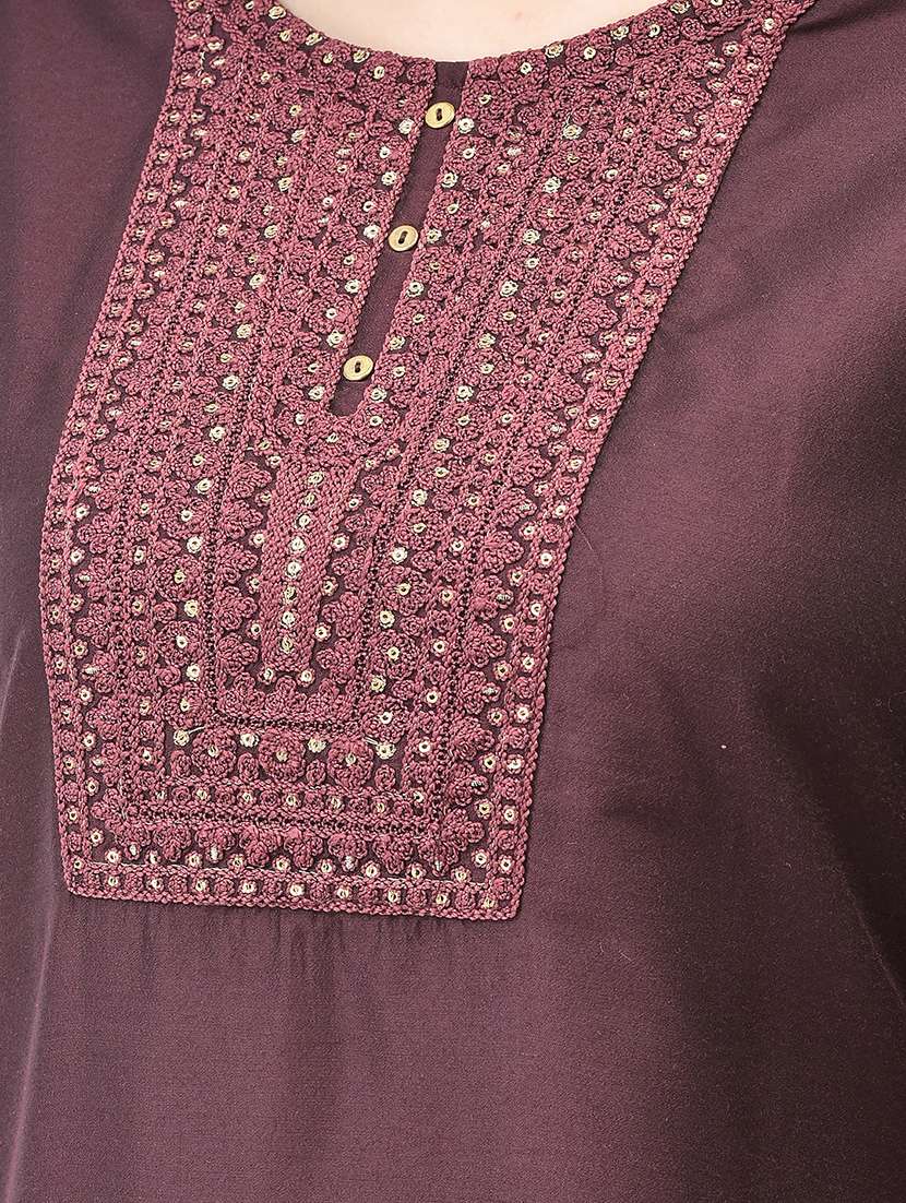 women solid witth work three quarter sleeve kurta pant set - 22295026 -  Standard Image - 1