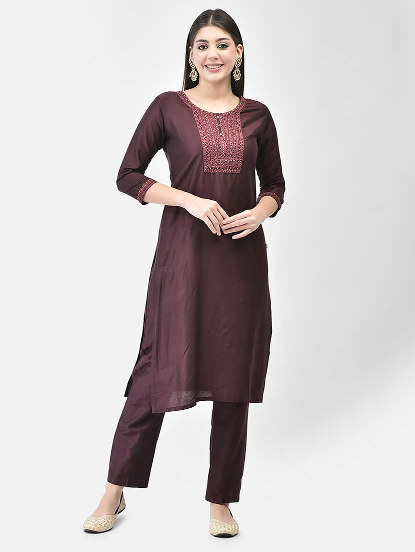 women solid witth work three quarter sleeve kurta pant set - 22295026 -  Standard Image - 4