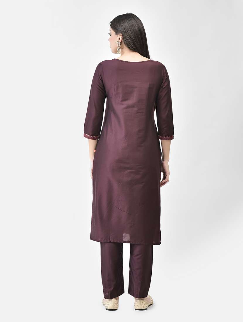 women solid witth work three quarter sleeve kurta pant set - 22295026 -  Standard Image - 6
