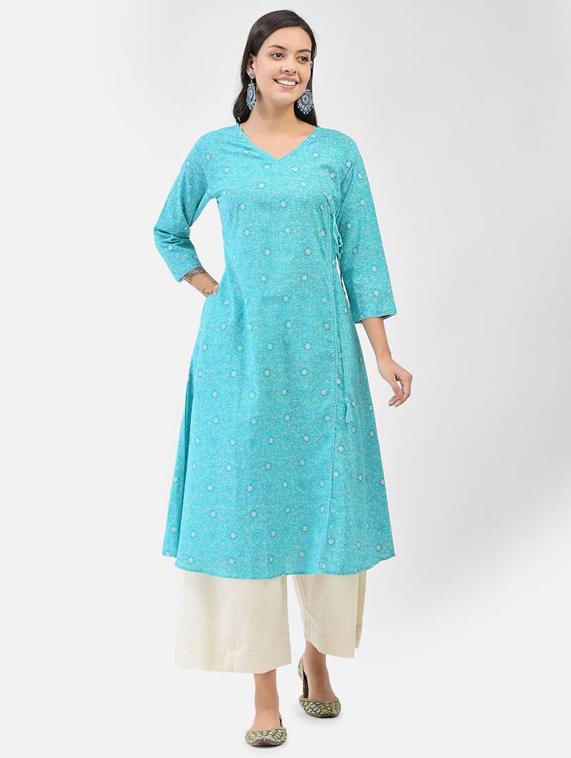 women printed three quarter sleeve angrakha kurta