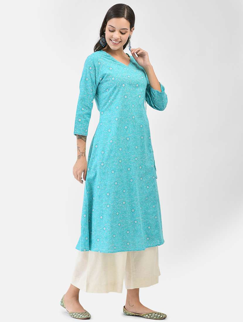women printed three quarter sleeve angrakha kurta - 22295033 -  Standard Image - 1