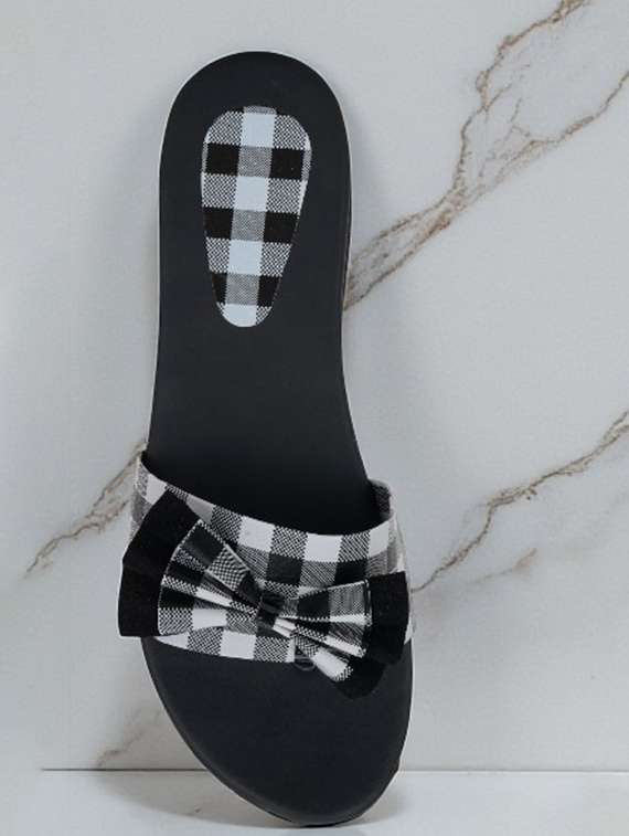 women checkered slip on flat sandals