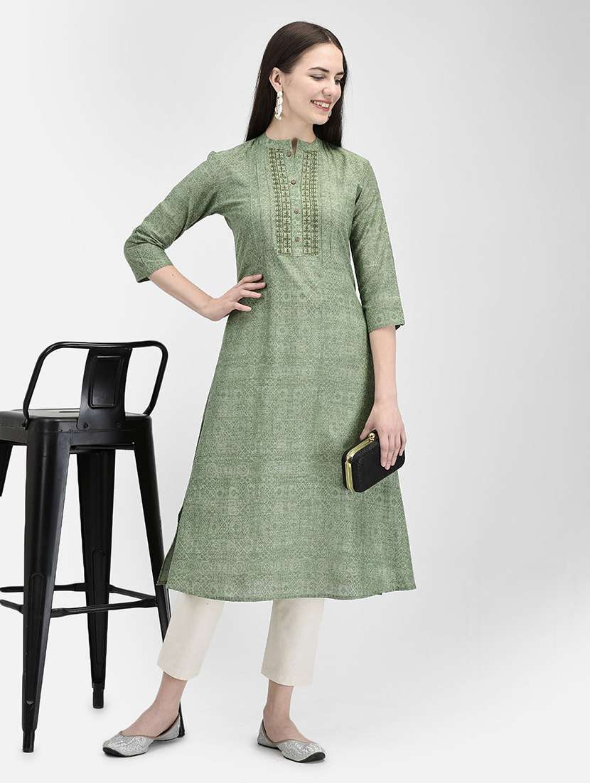 Women Printed Three Quarter Sleeve A-line Kurta - 22295078 -  Standard Image - 1