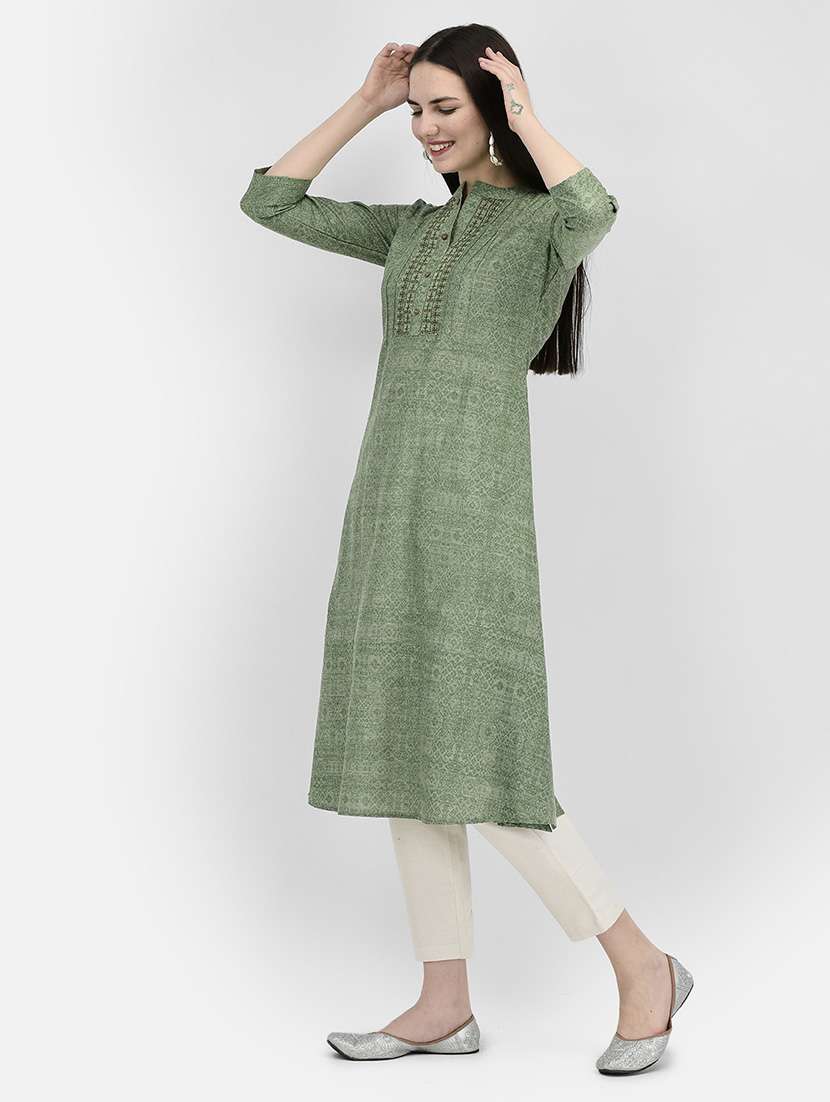 Women Printed Three Quarter Sleeve A-line Kurta - 22295078 -  Standard Image - 4