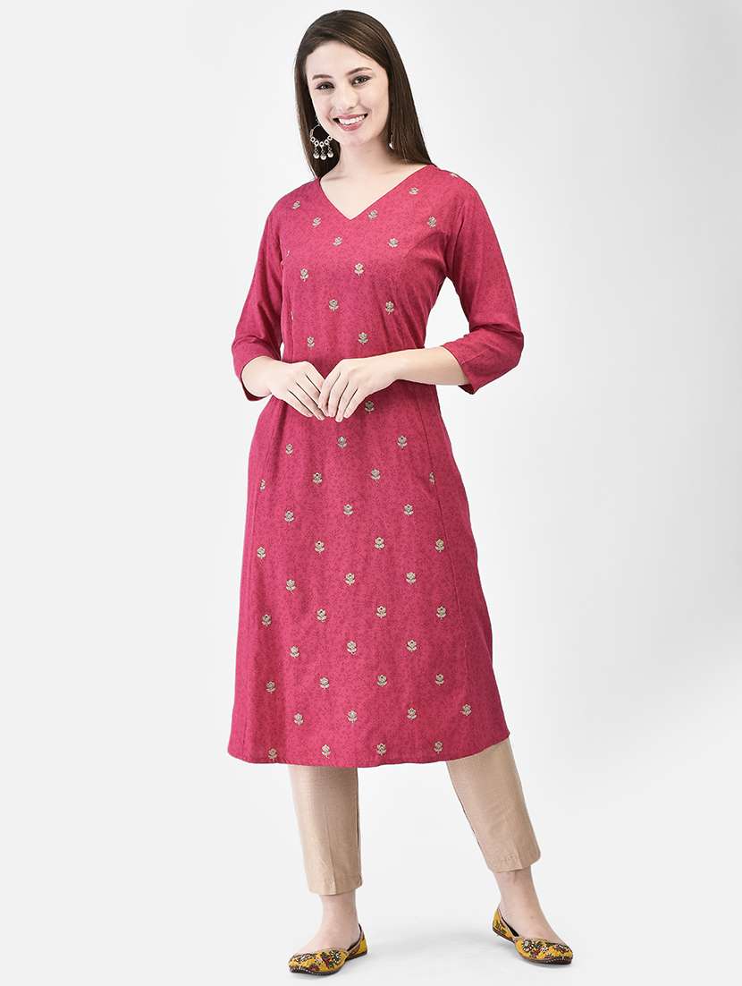 women printed three quarter sleeve a-line kurta