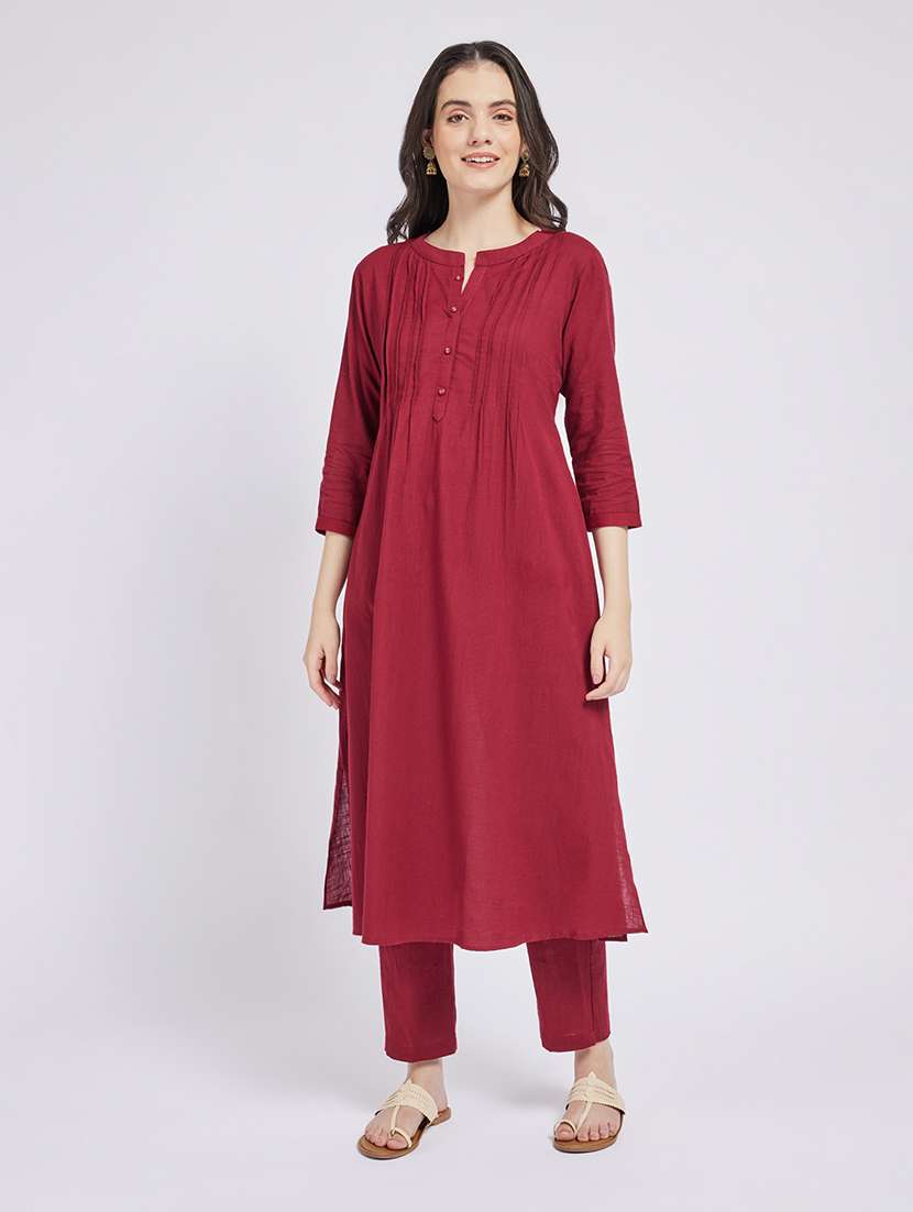 women solid three quarter sleeve a-line kurta