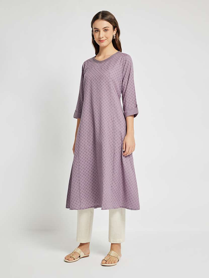 women printed three quarter sleeve a-line kurta - 22295099 -  Standard Image - 1