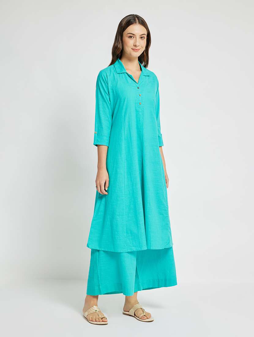 women solid three quarter sleeve a-line kurta - 22295103 -  Standard Image - 1