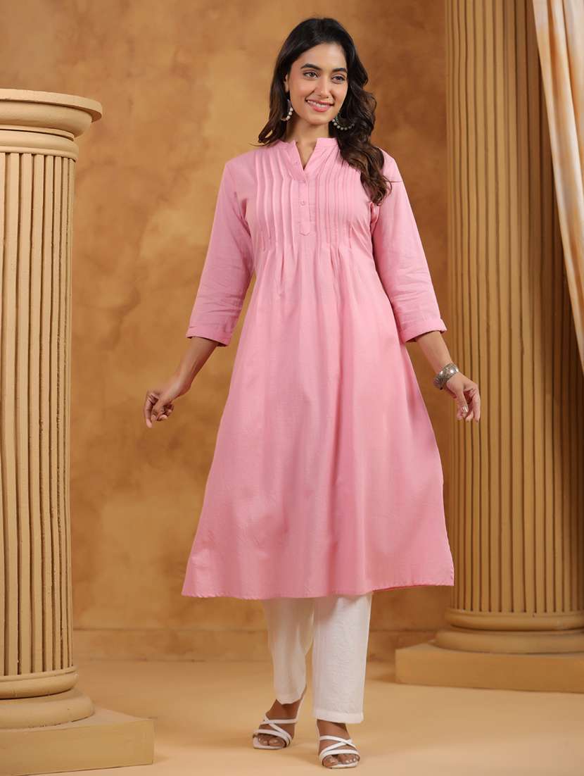 women solid three quarter sleeve a-line kurta - 22295110 -  Standard Image - 1