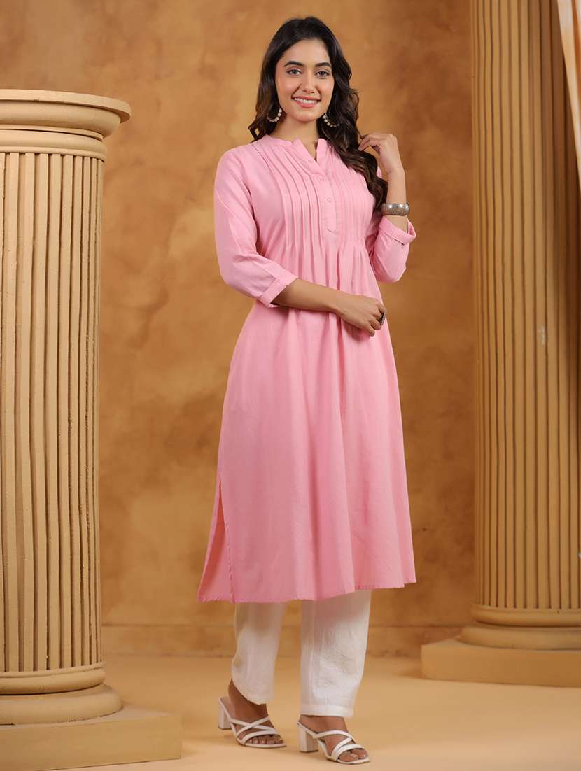 women solid three quarter sleeve a-line kurta - 22295110 -  Standard Image - 4