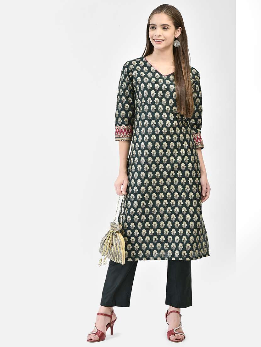 women floral printed three quarter sleeve straight kurta
